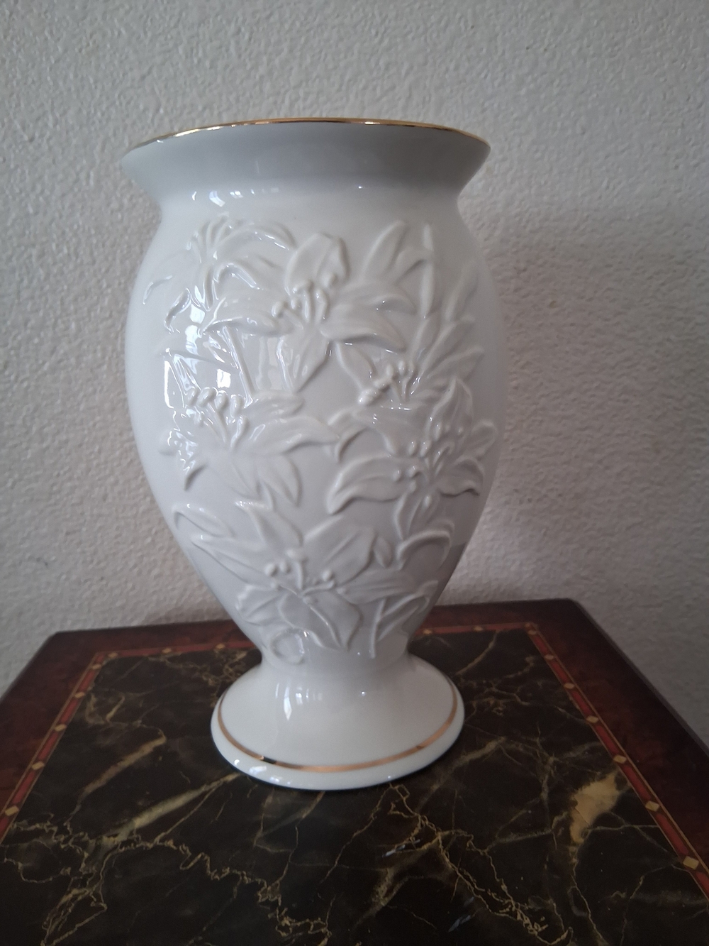 Vintage 8 Inch White Ceramic Floral Relief Vase with Gold Trim By Lenox